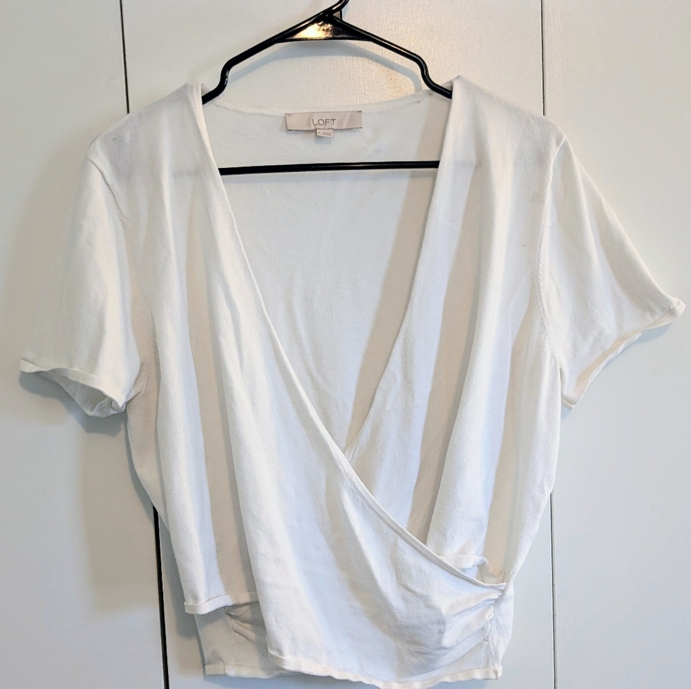 Loft Cross Front Wrap Lightweight Cropped Sweater Spring Layering Cream